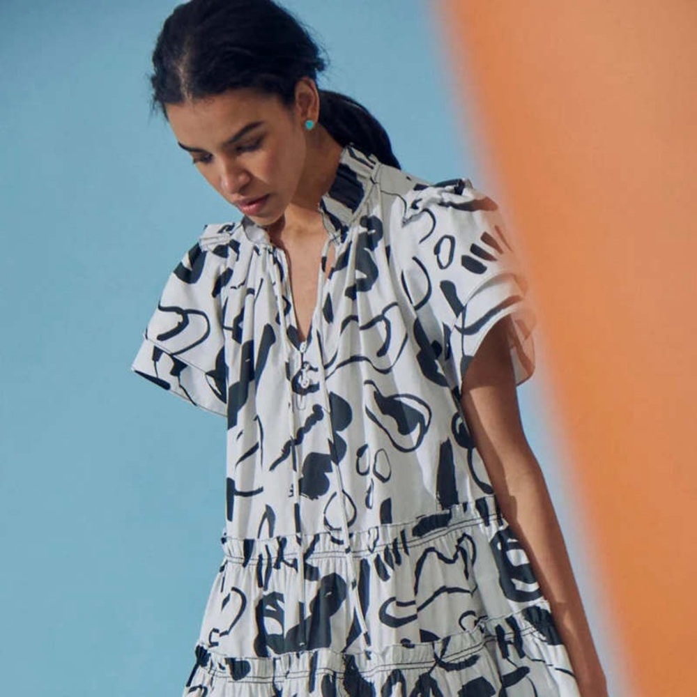 HUNTER BELL White Dress with Black Abstract Print